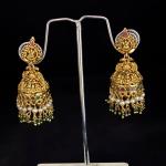 Gold Finish Butta's with Round Pearls & Green hydro bead hangings, Set of 1 Pair