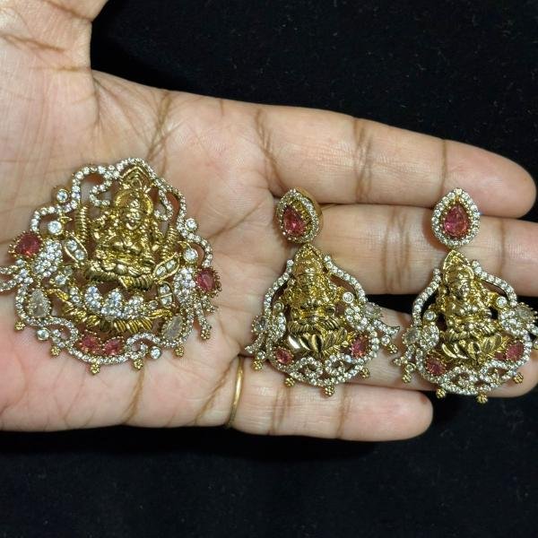 Nakshi finish CZ stone Laxmi Devi Heavy Pendant With Earrings