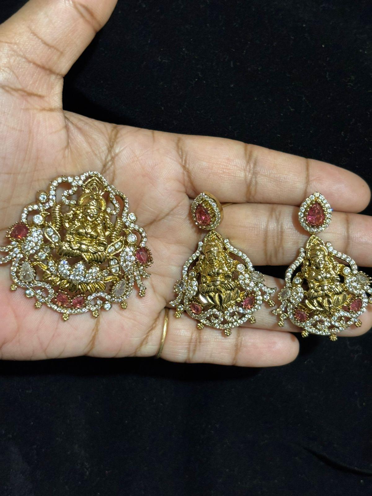 Nakshi finish CZ stone Laxmi Devi Heavy Pendant With Earrings