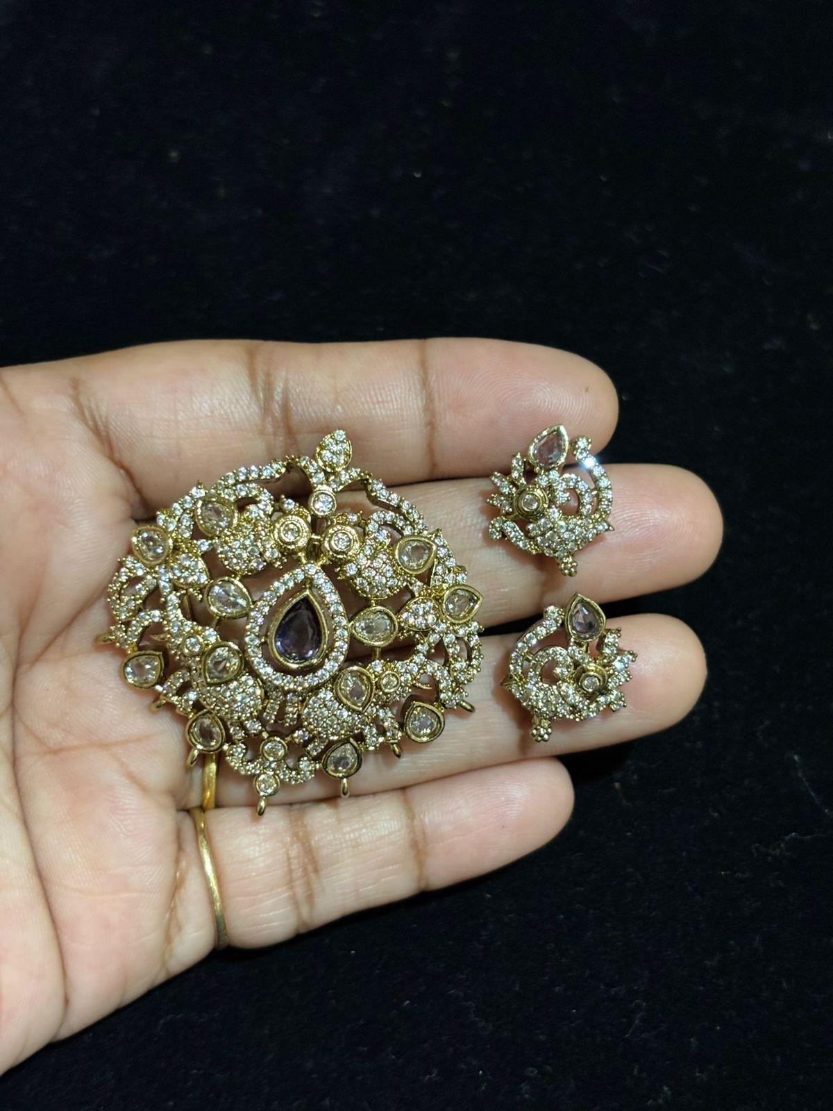 Victorian Mehandi finish  Pendant With Stud Earrings (Colours Available)