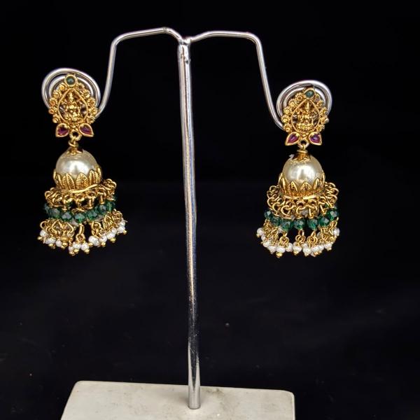 Gold Finish Pearl Butta's with Sugar Beads & Green hydro bead hangings, Set of 1 Pair