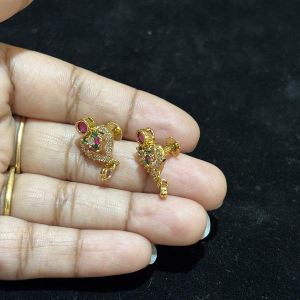 Gold Replica Heart Shape studs with drop hanging with screw back ,set of 1 pair